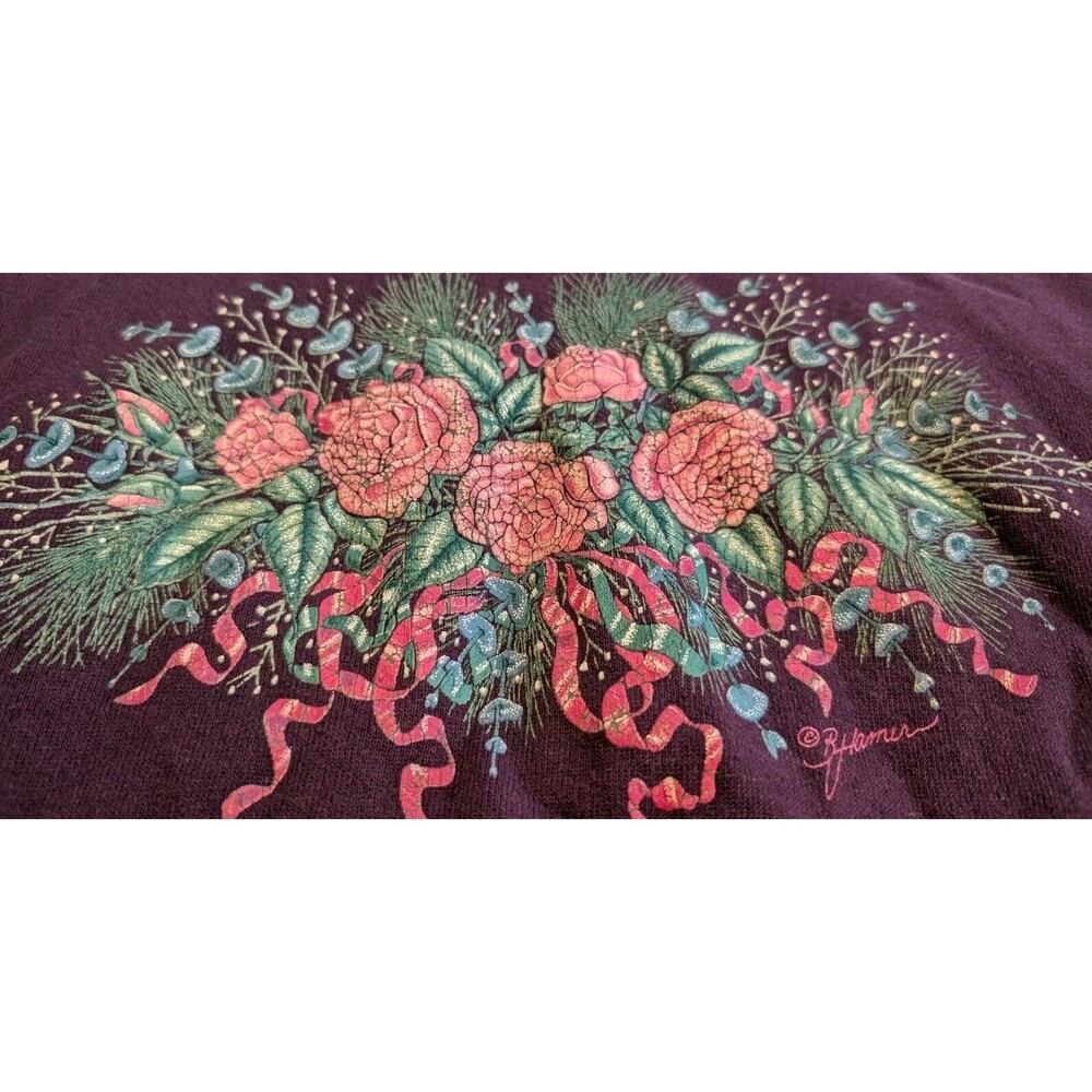 Vintage 80s 90s Morning Sun USA Purple Floral Grandma Sweatshirt Cottagecore L - Picture 2 of 10